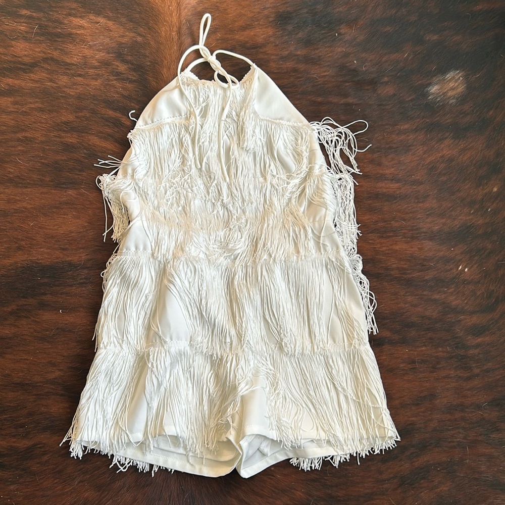 Hello Molly / main strip white fringe romper.